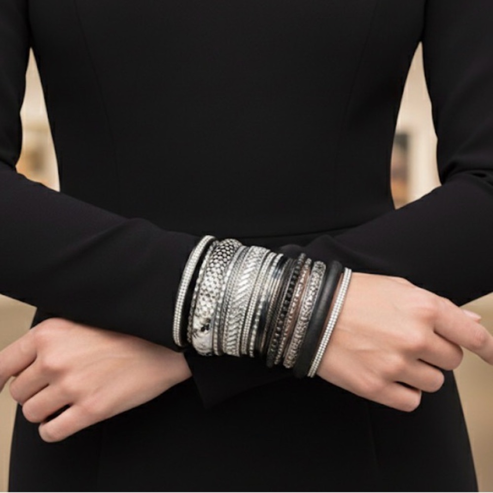 🆕 Mixed Media Statement Bangle Set - Black, Silver, White Bracelet Stack